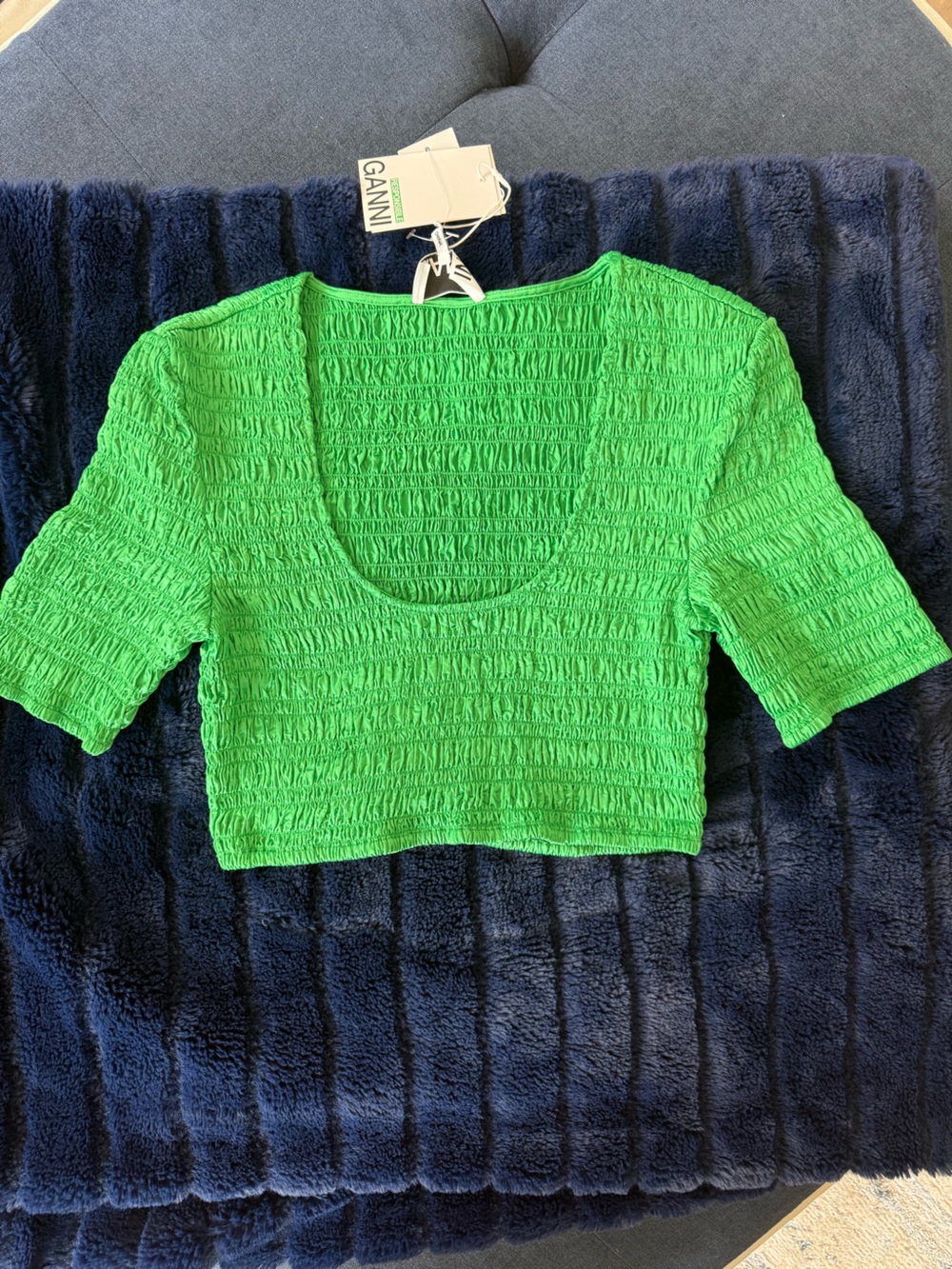 Ganni Green Smocked Crop Top